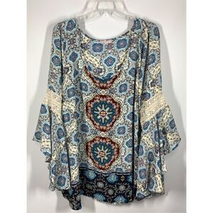 Free 2 Luv Womens Geometric Bell Sleeve Scoop Neckline Blouse Multicolor Size 3X